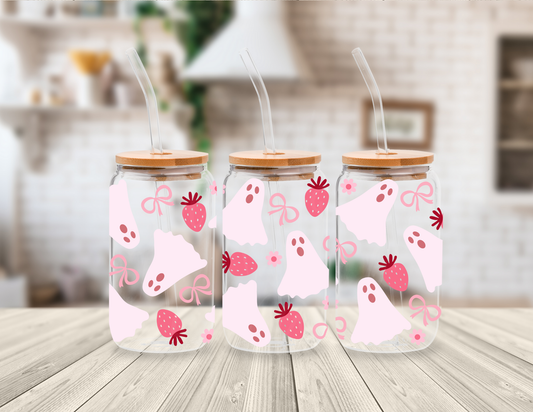 PINK GHOSTS AND STAWBERRIES 16 OZ UV DTF CUP WRAP