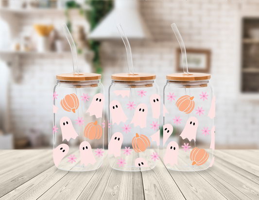 PINK GHOSTS AND PUMPKINS 16 OZ UV DTF CUP WRAP