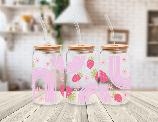 STRAWBERRIES AND PINK RAINBOWS 16 OZ UV DTF CUP WRAP