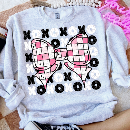 PINK WHITE CHECKERED XO STACKED BOW DTF TRANSFER